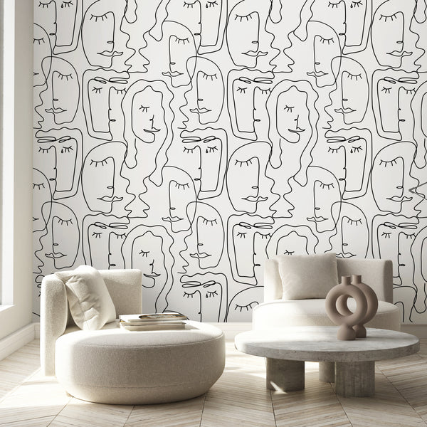 Black & White Abstract Female Face Wallpaper CC309 - CostaCover - Peel and stick Removable Wallpaper - Abstract - abstract lines - abstract mural