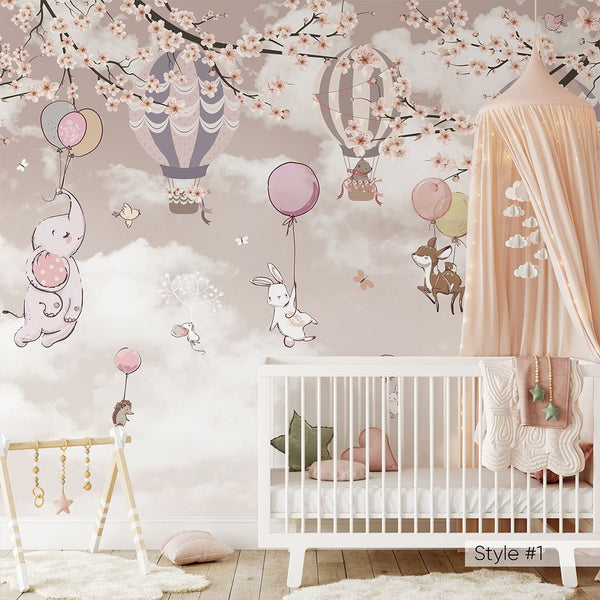 Cute Animals & Sakura Wall Mural CCM155 - CostaCover - Peel and stick Removable Wallpaper - abstract wall art - adhesive wallpaper - air balloon