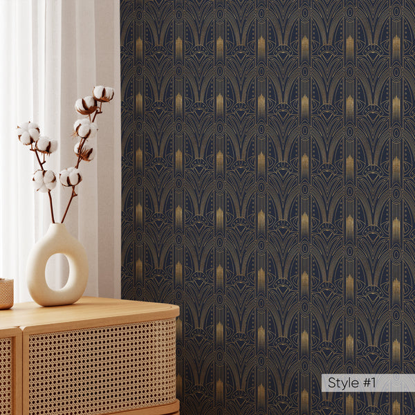 Blue Brown Gold Art Deco Wallpaper CC320 - CostaCover - Peel and stick Removable Wallpaper - Abstract Beige Gold Stripes Waves Removable Wallpaper near me - accent wallpaper - adhesive wallpaper