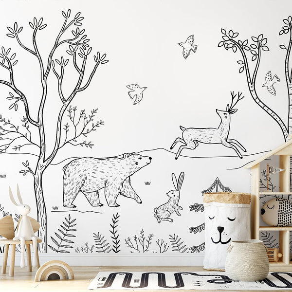 Black & White Forest Animals Wall Mural SM017 - CostaCover - Peel and stick Removable Wallpaper - accent wallpaper - adhesive wallpaper - animal print