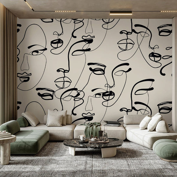 Beige & Black Female Faces Wall Mural AM073 - CostaCover - Peel and stick Removable Wallpaper - about walls - Abstract - Abstract Labyrinth Lines