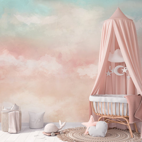 Mint & Pink Sky and Clouds Wall Mural WM089 - CostaCover - Peel and stick Removable Wallpaper - abstract wall art - abstract wallpaper - accent wallpaper