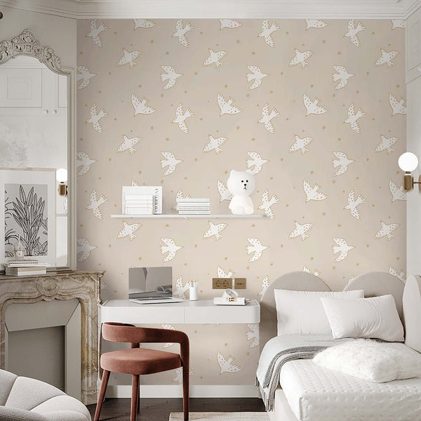 Beige White Birds & Stars Wallpaper S051 - CostaCover - Peel and stick Removable Wallpaper - abstract wallpaper - accent wallpaper - adhesive wallpaper