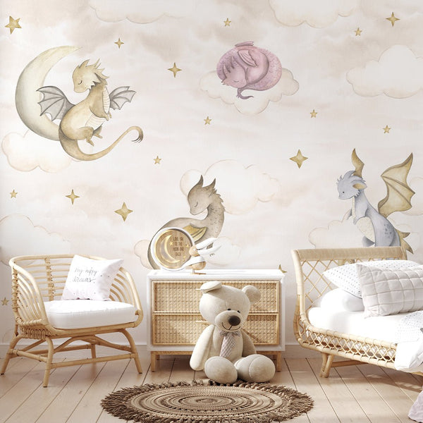Beige Sky and Dragons Wall Mural SM033 - CostaCover - Peel and stick Removable Wallpaper - accent wallpaper - adhesive wallpaper - baby bedroom