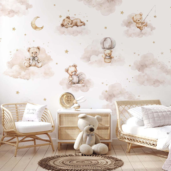 Beige Clouds and Bears Wall Mural SM010 - CostaCover - Peel and stick Removable Wallpaper - abstract wall art - abstract wallpaper - accent wallpaper