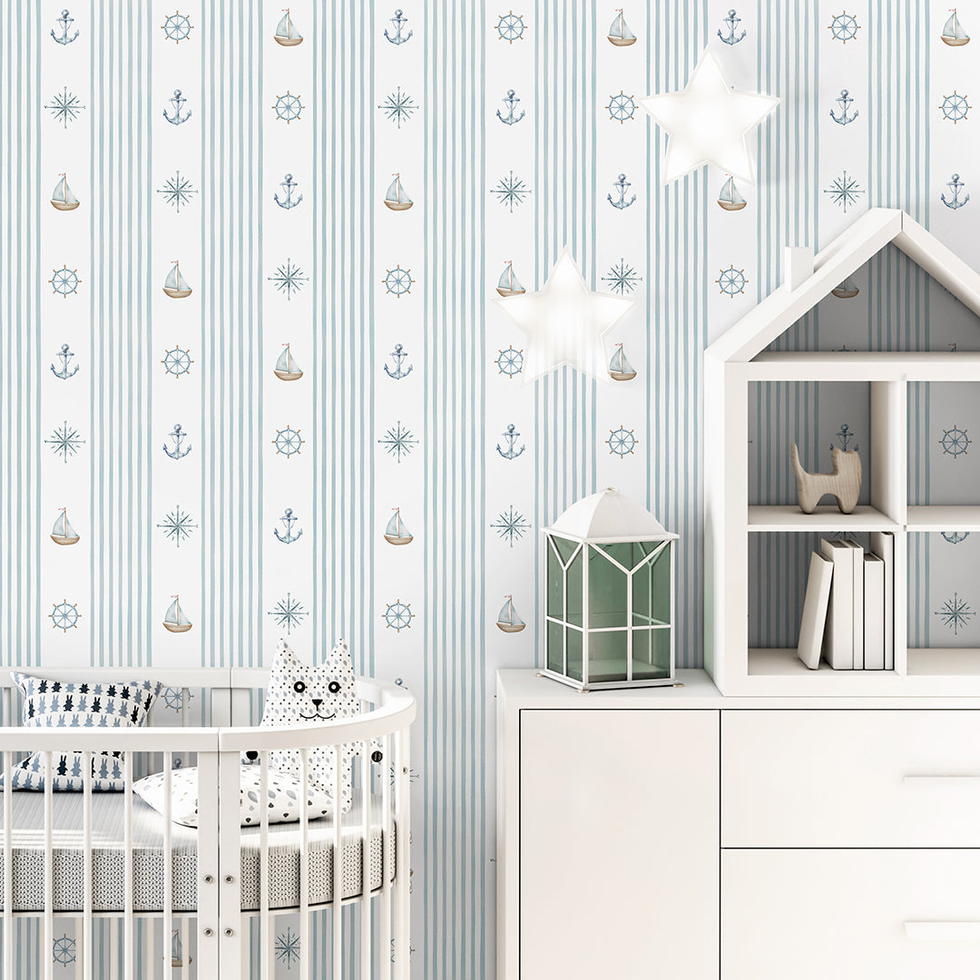 Turquoise Stripe & Sailboat Wallpaper A070