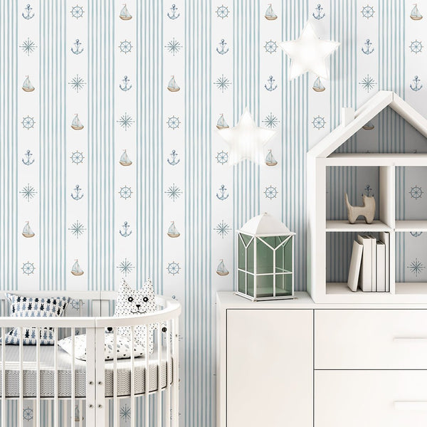 Turquoise Stripe & Sailboat Wallpaper A070 - CostaCover-Peel and stick Removable Wallpaper-abstract wall art-abstract wallpaper-accent wallpaper