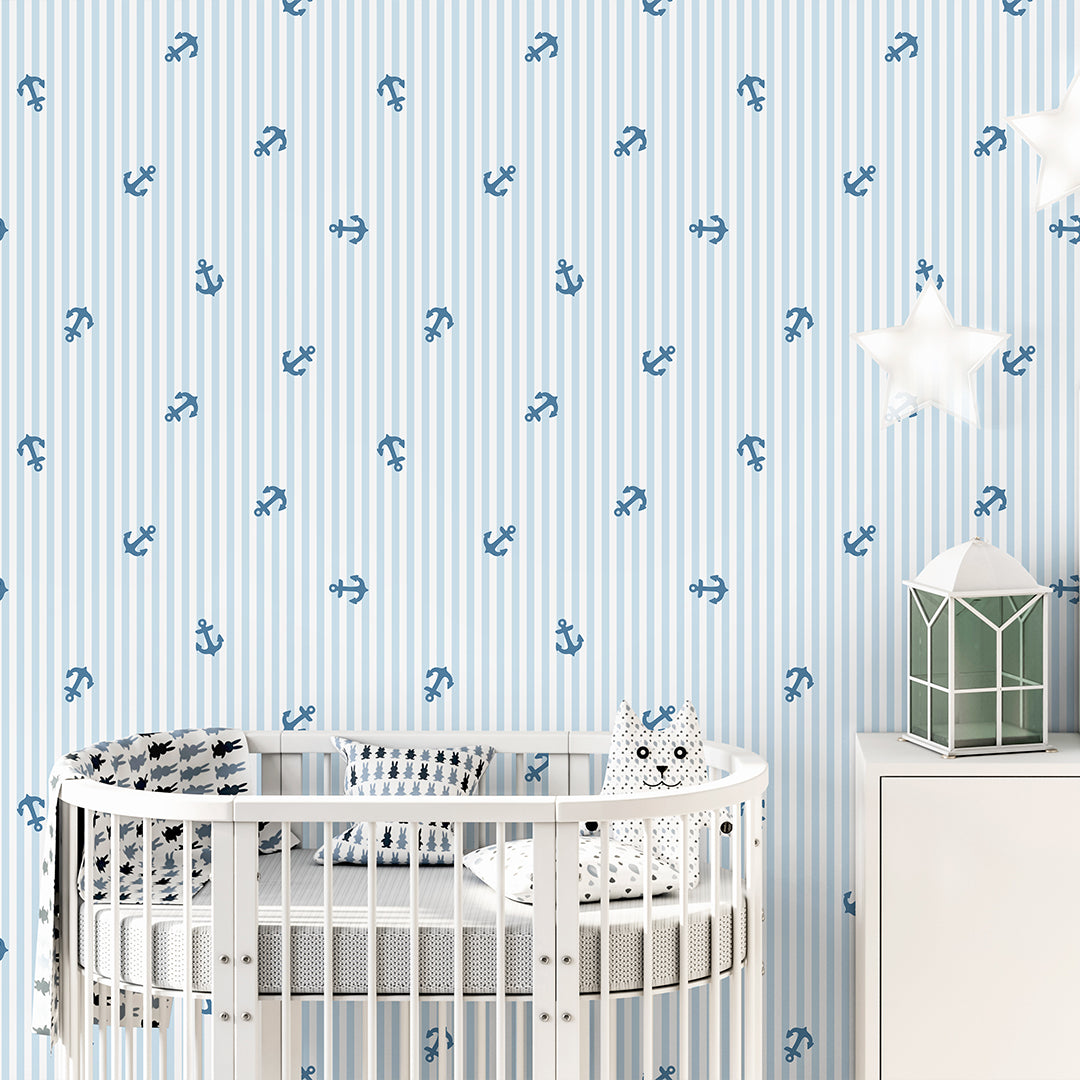 Blue Stripes & Sailboats Wallpaper A074