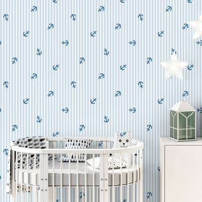 Blue Stripes & Sailboats Wallpaper A074