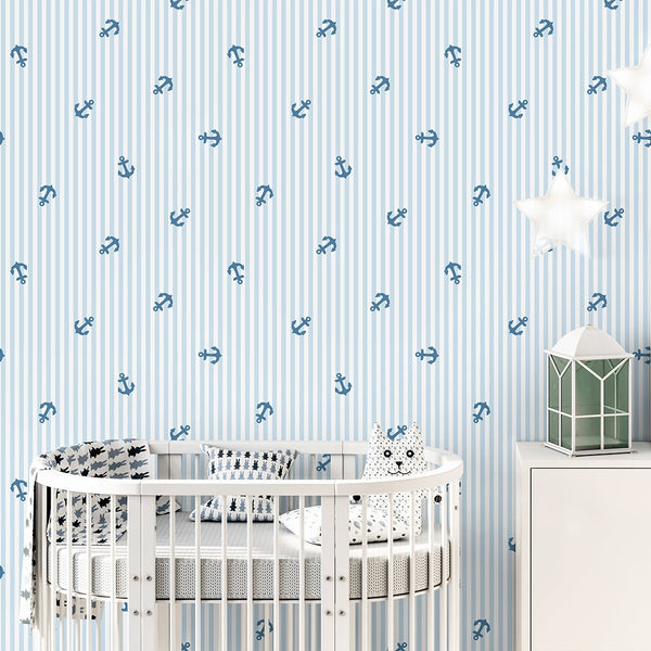 Blue Stripes & Sailboats Wallpaper A074 - CostaCover-Peel and stick Removable Wallpaper-abstract lines-abstract wall art-abstract wallpaper