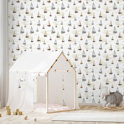 Beige Blue Sailboats Wallpaper A076