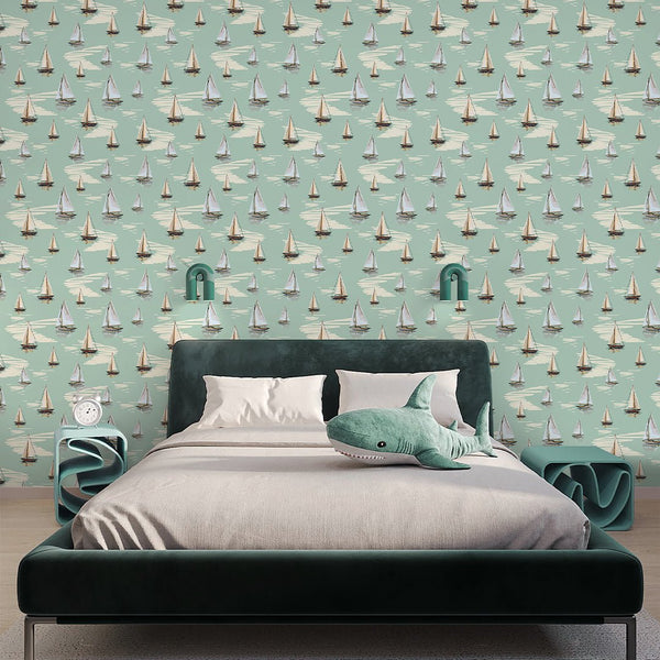Light Green Sailboats Wallpaper A077 - CostaCover-Peel and stick Removable Wallpaper-Abstract-abstract wall art-abstract wallpaper