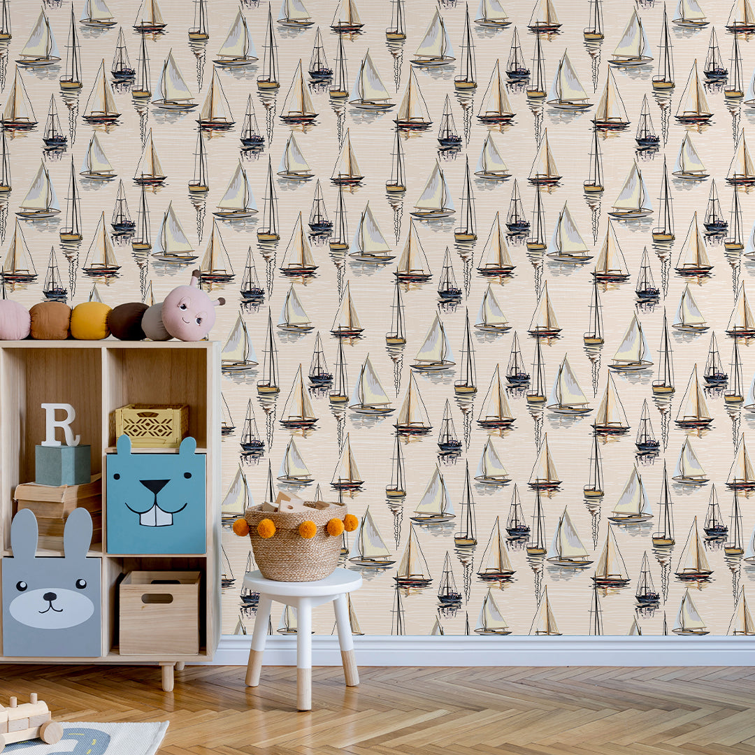 Beige Sailboats Wallpaper A078