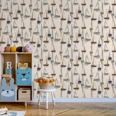 Beige Sailboats Wallpaper A078