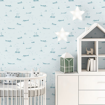 Light Blue Boat Sketch Wallpaper A079