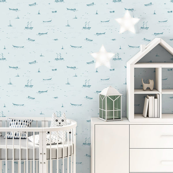 Light Blue Boat Sketch Wallpaper A079 - CostaCover-Peel and stick Removable Wallpaper-Abstract-abstract wall art-abstract wallpaper