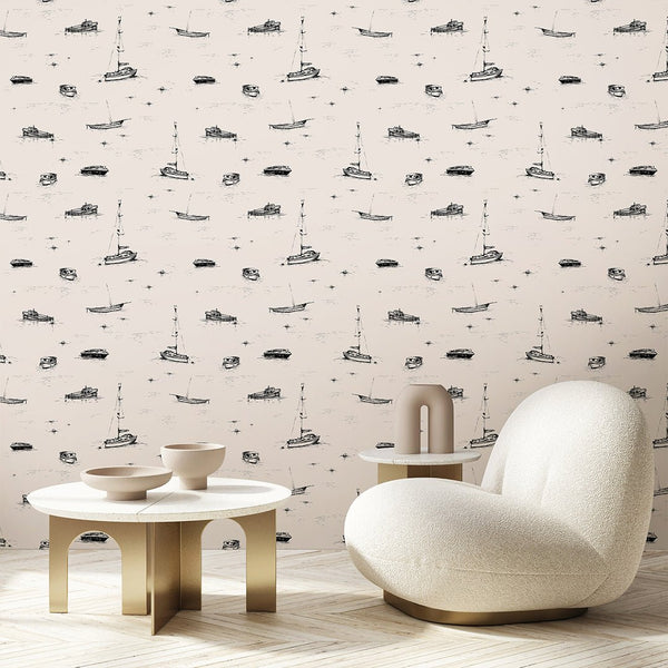 Beige Boat Sketch Wallpaper A080 - CostaCover-Peel and stick Removable Wallpaper-Abstract-abstract wall art-abstract wallpaper