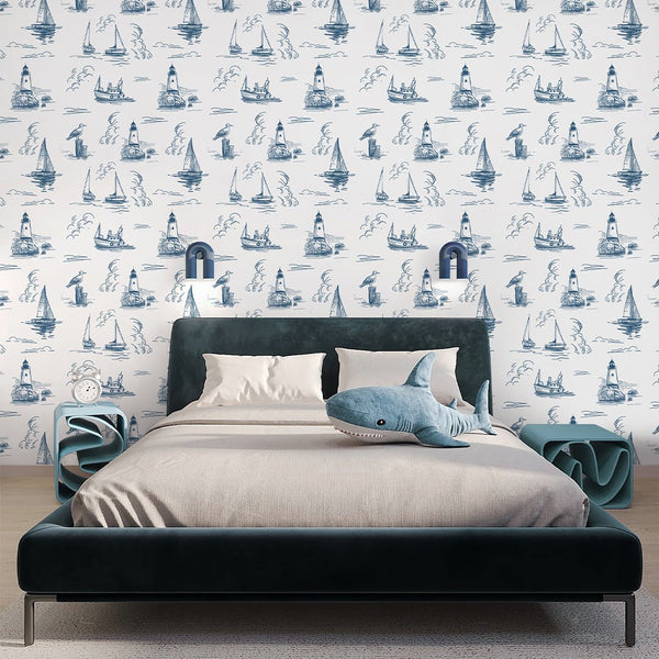 Blue Nautical Sketch Wallpaper A081 - CostaCover-Peel and stick Removable Wallpaper-abstract wallpaper