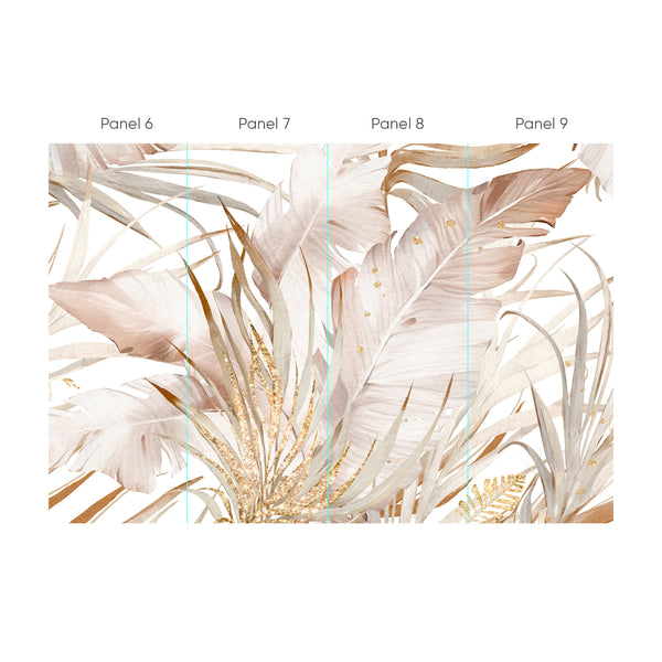 Oversized Banana Leaves Wall Mural with sweeping arcs in pale peachy-beige and muted tan, accented by gold flecks. This dramatic feature wall suits boho and modern decor, offering a sense of movement and openness. Ideal for bedrooms or hospitality spaces, the removable material is eco-friendly and easy to apply, perfect for temporary decor.