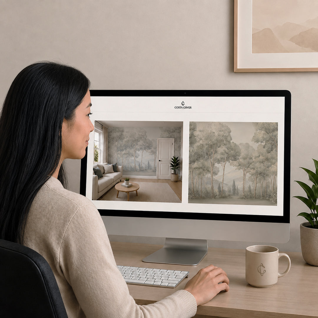 A woman sits at a desk in a modern home office, looking at a computer monitor that displays two interior design mockups with neutral-toned wall murals. 