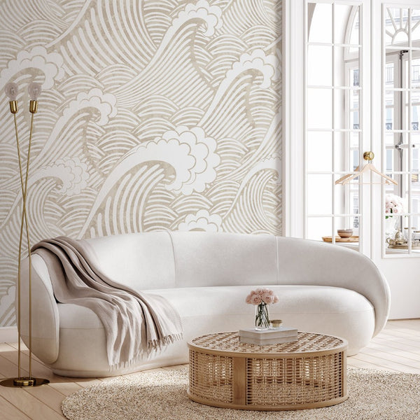 Japanese Beige Waves Wall Mural WM016 - CostaCover - Peel and stick Removable Wallpaper - adhesive wallpaper - bathroom wallpaper - bedroom wallpaper
