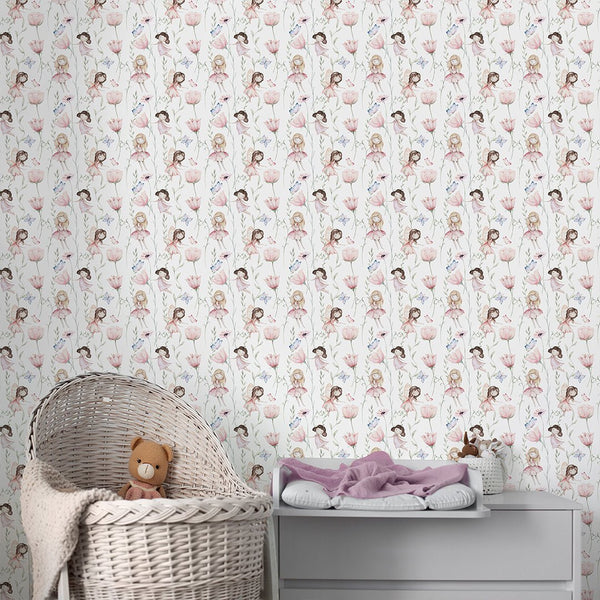 Pink Flower Fairy Wallpaper S083 - CostaCover - Peel and stick Removable Wallpaper - accent wallpaper - adhesive wallpaper - baby bedroom