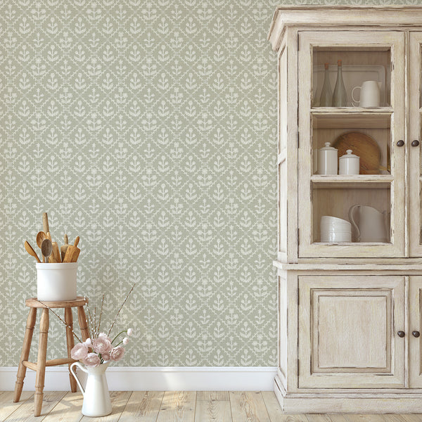 Sage Green Linen Floral Lattice Wallpaper L122
