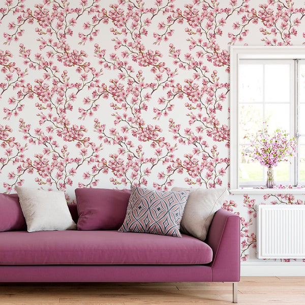Watercolor Cherry Blossoms Wallpaper CC133 - CostaCover - Peel and stick Removable Wallpaper - accent wallpaper - adhesive wallpaper - Backsplash panels