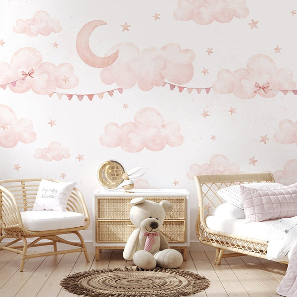 Pink Clouds Moon & Bunting Wall Mural SM072 - CostaCover - Peel and stick Removable Wallpaper - Abstract - abstract wall art - abstract wallpaper