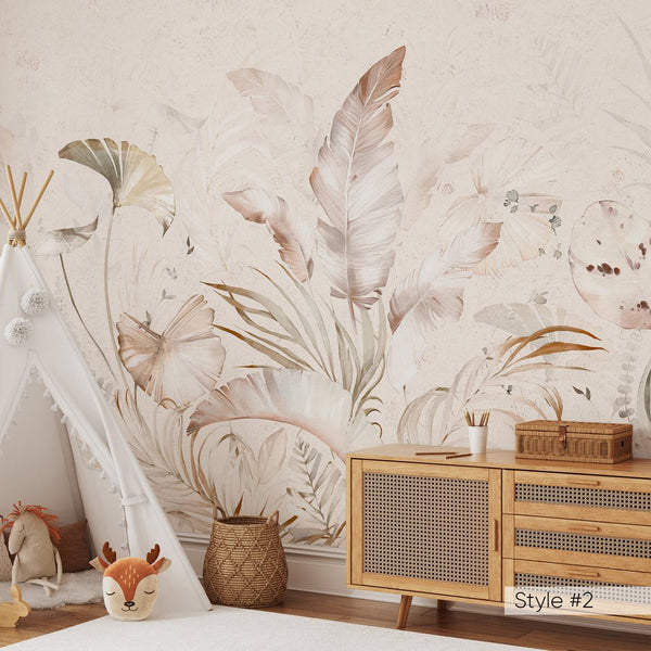 Tropical Pastel Palm Leaves Wall Mural WM017 - CostaCover - Peel and stick Removable Wallpaper - baby bedroom - bedroom interior - bedroom wallpaper