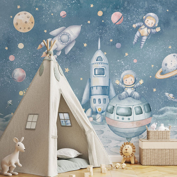 Pastel Blue Astronauts & Rockets Wall Mural SM084 - CostaCover - Peel and stick Removable Wallpaper - accent wallpaper - adhesive wallpaper - baby bedroom