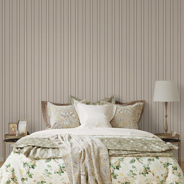 Farmhouse striped wallpaper featuring alternating beige and brown vertical lines with a subtle herringbone-style design, ideal for rustic country bedrooms.