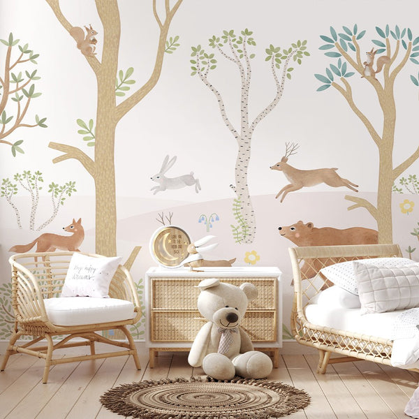 Pastel Forest Animals Wall Mural SM016 - CostaCover - Peel and stick Removable Wallpaper - Abstract - abstract wall art - abstract wallpaper