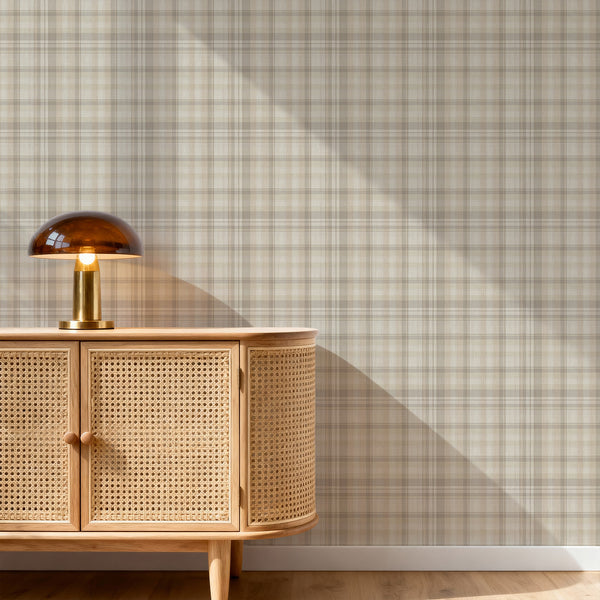 Vintage beige and gray plaid wallpaper with a balanced tartan check design, adding timeless country charm to cozy bedrooms and cottagecore home interiors.