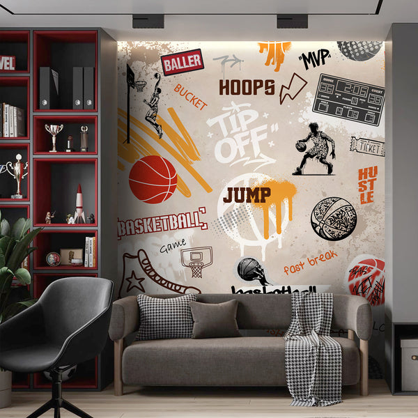 Bold basketball-themed wall mural with graffiti-style illustrations and paint splatters, perfect for a teen's bedroom or sports-themed game room. This removable wall mural features players, hoops, and sneakers in vibrant orange and black tones, creating a lively and contemporary interior design.