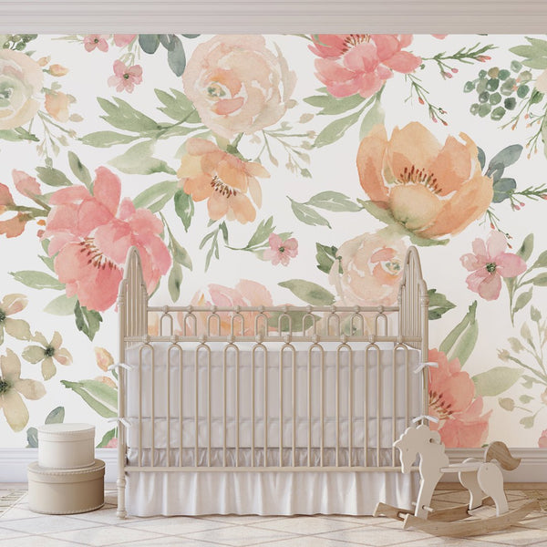 Pink Orange & Green Flowers Wall Mural WM001 - CostaCover - Peel and stick Removable Wallpaper - accent wallpaper - adhesive wallpaper - bathroom wallpaper