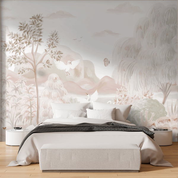 Neutral wallpaper with elegant Japanese swans, layered botanical scenery, willow trees and hazy mountains in a soft pastel watercolor palette.