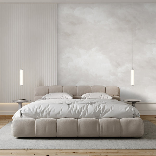 Beige removable wallpaper featuring delicate white cloud formations across a soft neutral sky, perfect for a nursery, bedroom, or kids room accent wall.