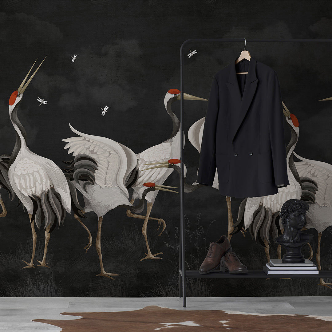 Black Japanese Cranes Wall Mural WM109