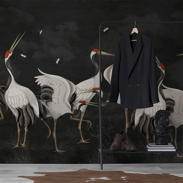 Black Japanese Cranes Wall Mural WM109 - CostaCover - Peel and stick Removable Wallpaper - accent wallpaper - adhesive wallpaper - animal print