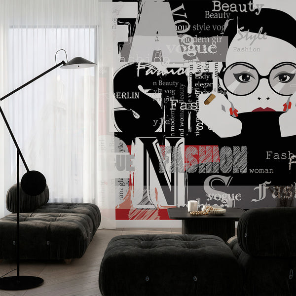 Graphic collage mural with distressed type and bold color fields, perfect for industrial-style interiors.