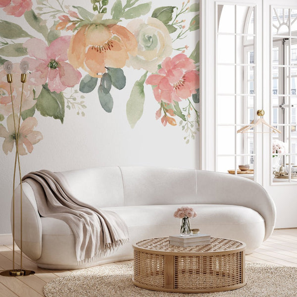 Pink Orange & Green Flowers Wall Mural WM005 - CostaCover - Peel and stick Removable Wallpaper - adhesive wallpaper - bedroom wallpaper - botanical