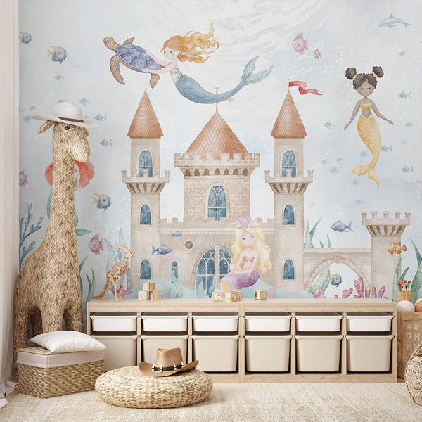 Mermaids and Castle Wall Mural SM065 - CostaCover - Peel and stick Removable Wallpaper - accent wallpaper - adhesive wallpaper - ariel mermaid