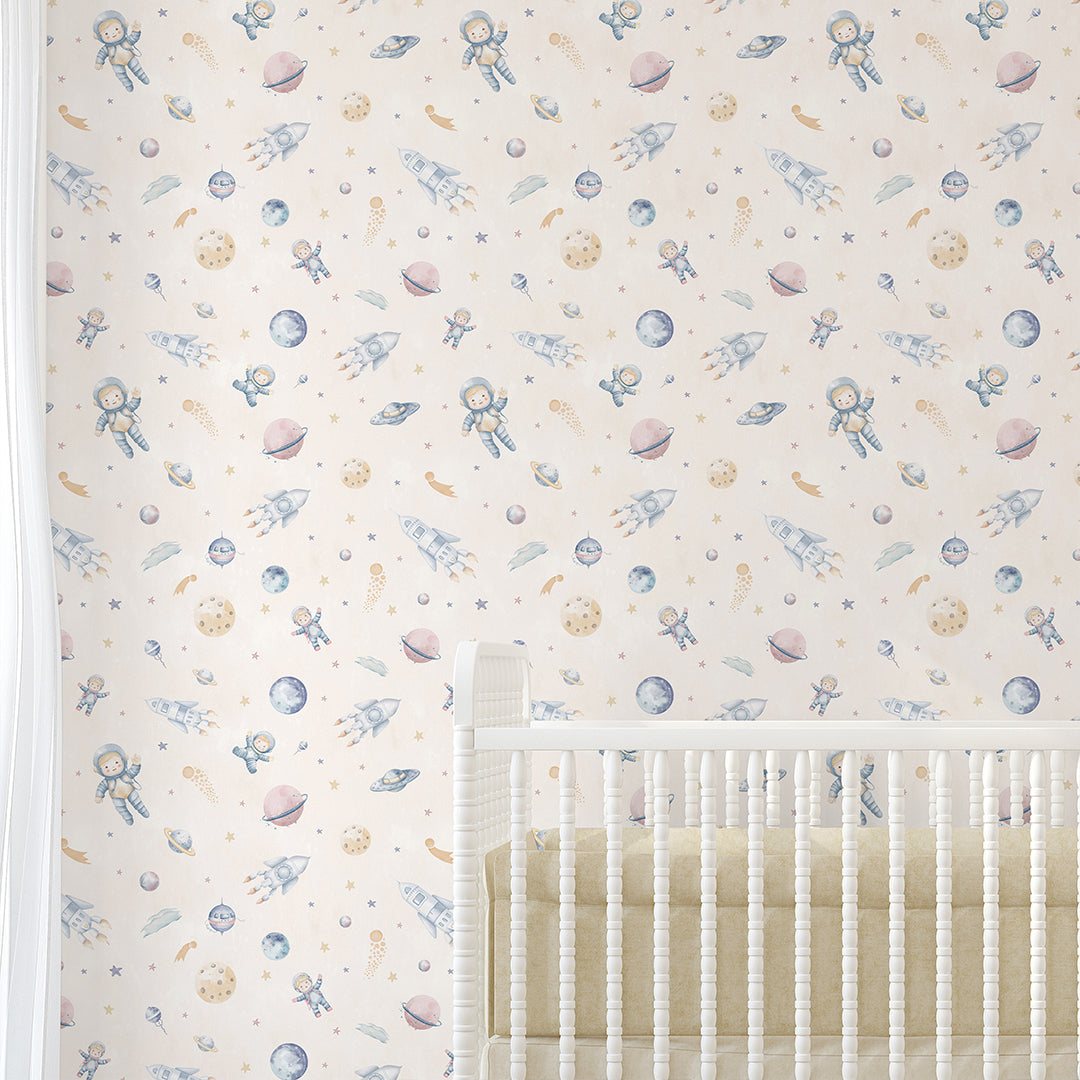 Beige Astronauts & Rockets Wallpaper S123