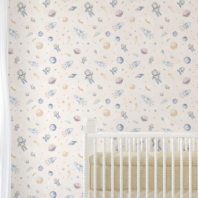 Beige Astronauts & Rockets Wallpaper S123