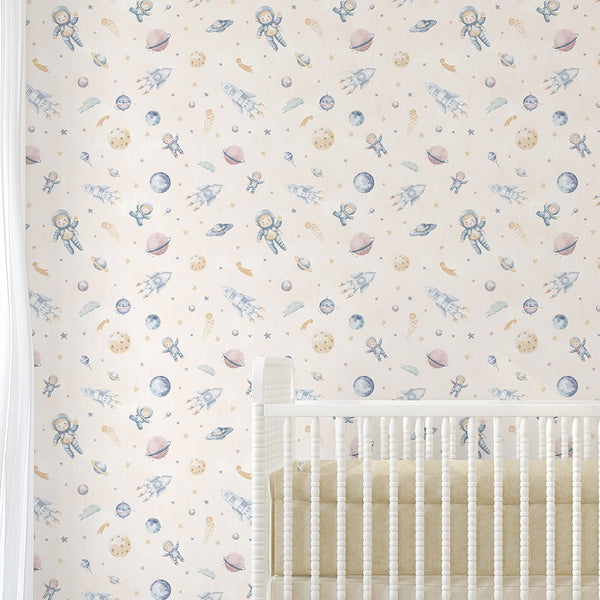 Beige Astronauts & Rockets Wallpaper S123 - CostaCover-Peel and stick Removable Wallpaper-accent wallpaper-adhesive wallpaper-baby bedroom