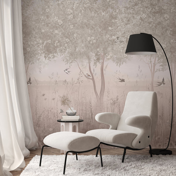 Soft neutral forest wallpaper featuring birds among flowering trees and a dreamy wildflower meadow in an elegant vintage inspired landscape.