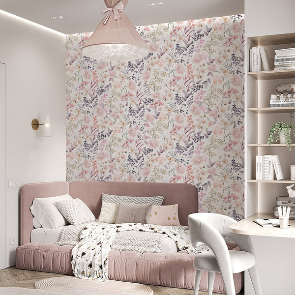 Pink Lilac Flower Bouquet Wallpaper S062 - CostaCover - Peel and stick Removable Wallpaper - accent wallpaper - adhesive wallpaper - baby bedroom