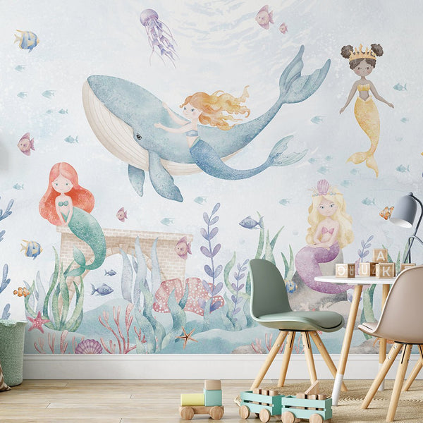 Mermaids and Whale Wall Mural SM066 - CostaCover - Peel and stick Removable Wallpaper - accent wallpaper - adhesive wallpaper - ariel mermaid