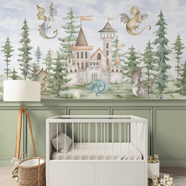 Dragons Castle in Forest Wall Mural SM038 - CostaCover - Peel and stick Removable Wallpaper - accent wallpaper - adhesive wallpaper - baby bedroom